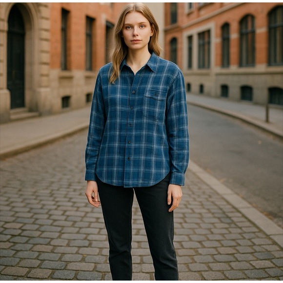 Lauren Ralph Lauren Shirt Women‎ Medium Blue Plaid 100% Linen Roll Tab Lagenlook - Picture 1 of 9